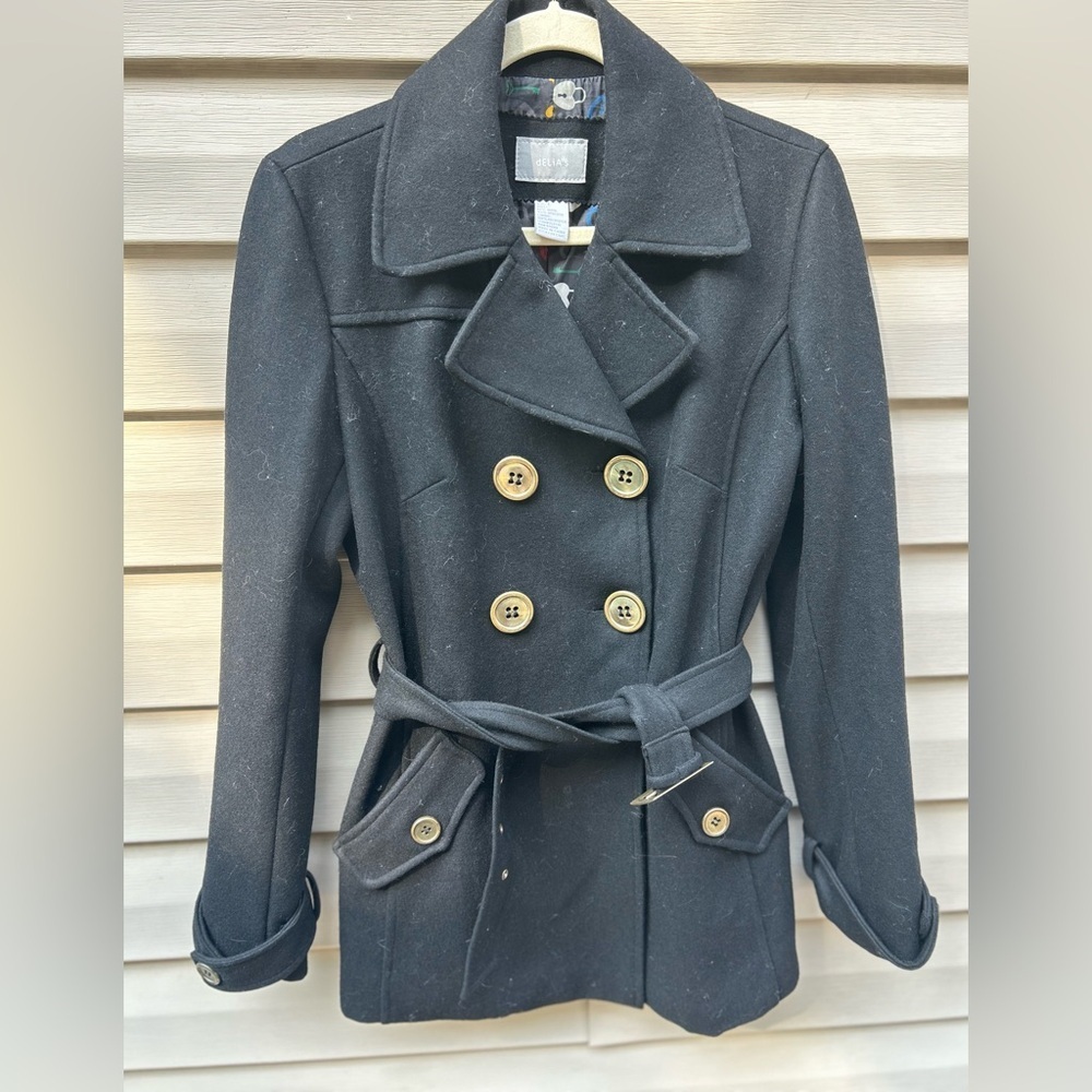 VTG Delia’s Y2K black wool belted peacoat size L friends Bella Elena jacket